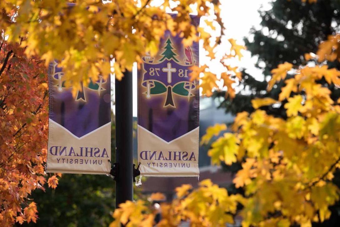 Light pole banners with the Ashland University seal surrounded by trees with fall foliage